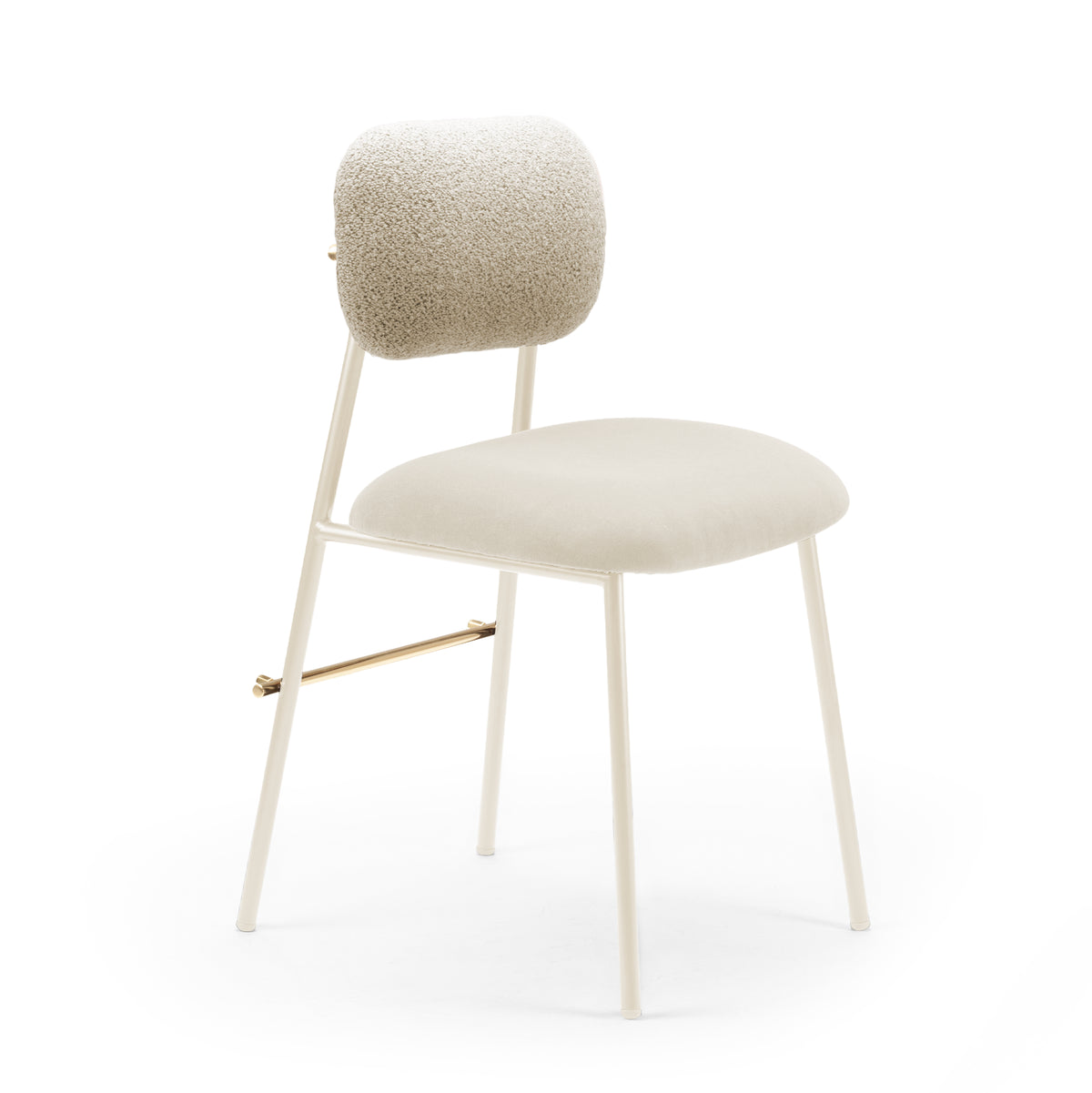 Miami Dining Chair in cream boucle with ivory frame and brass footrest, three-quarter view