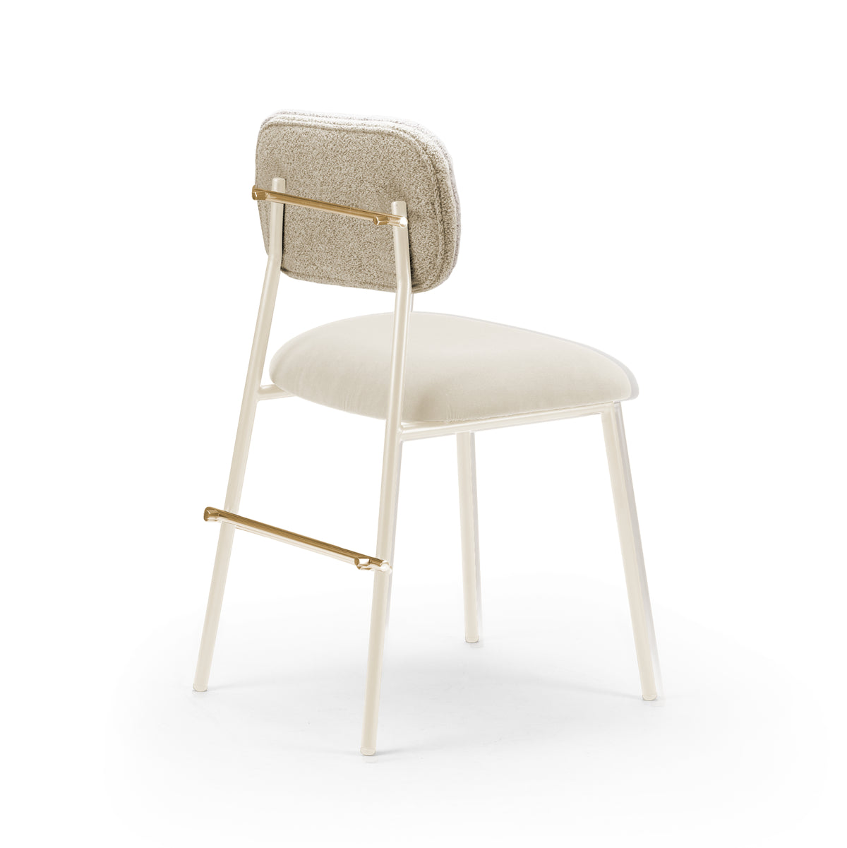 Miami Dining Chair in grey and cream boucle with ivory frame, rear three-quarter view