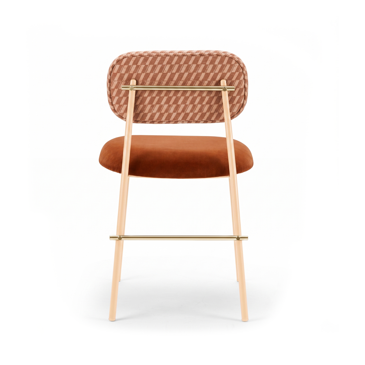 Miami Dining Chair with woven back, rust velvet seat and light frame, back view