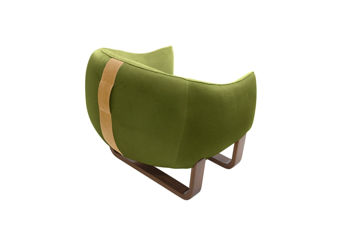 Milo Armchair back view in Avocado Umber velvet with leather handle