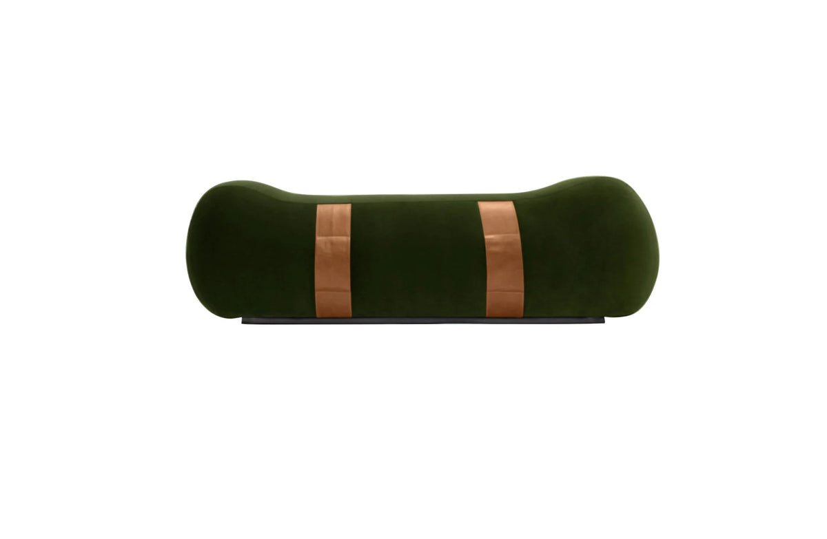 Milo Bench in Evergreen velvet with tan leather straps, front view