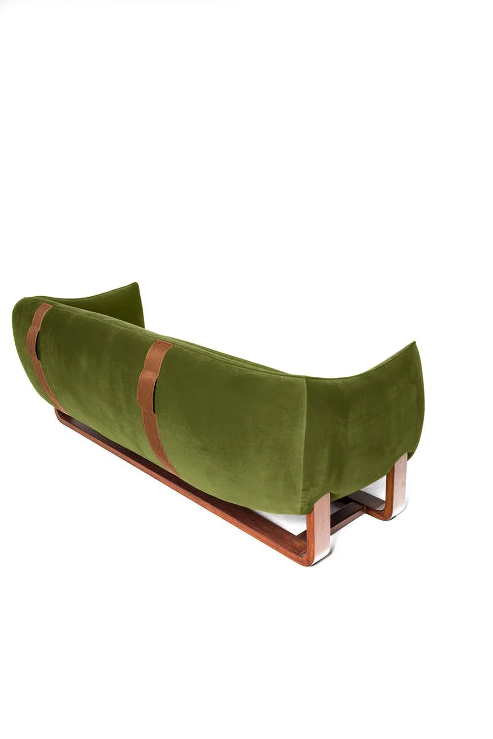 Milo Sofa in Avocado green velvet, back view with leather straps