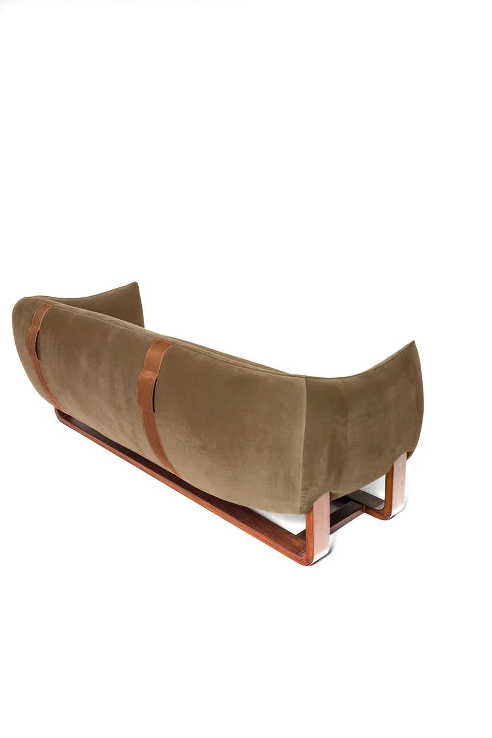 Milo Sofa in Taupe velvet, back view with leather straps