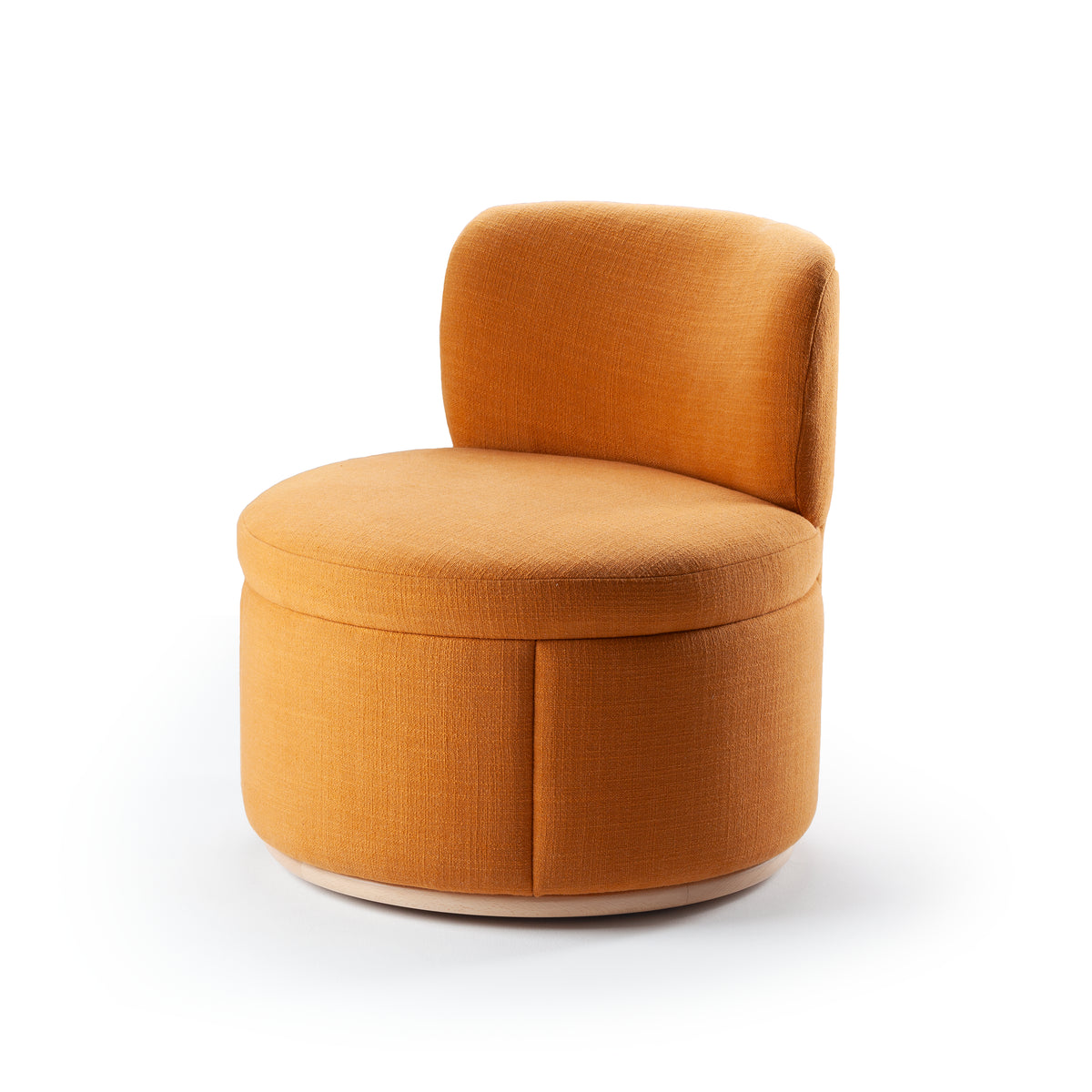Mimi Swivel Lounge Chair in orange woven fabric with beech base, three-quarter view