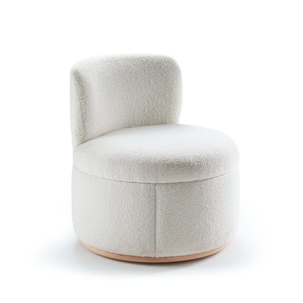 Mimi Swivel Lounge Chair in white bouclé, three-quarter view
