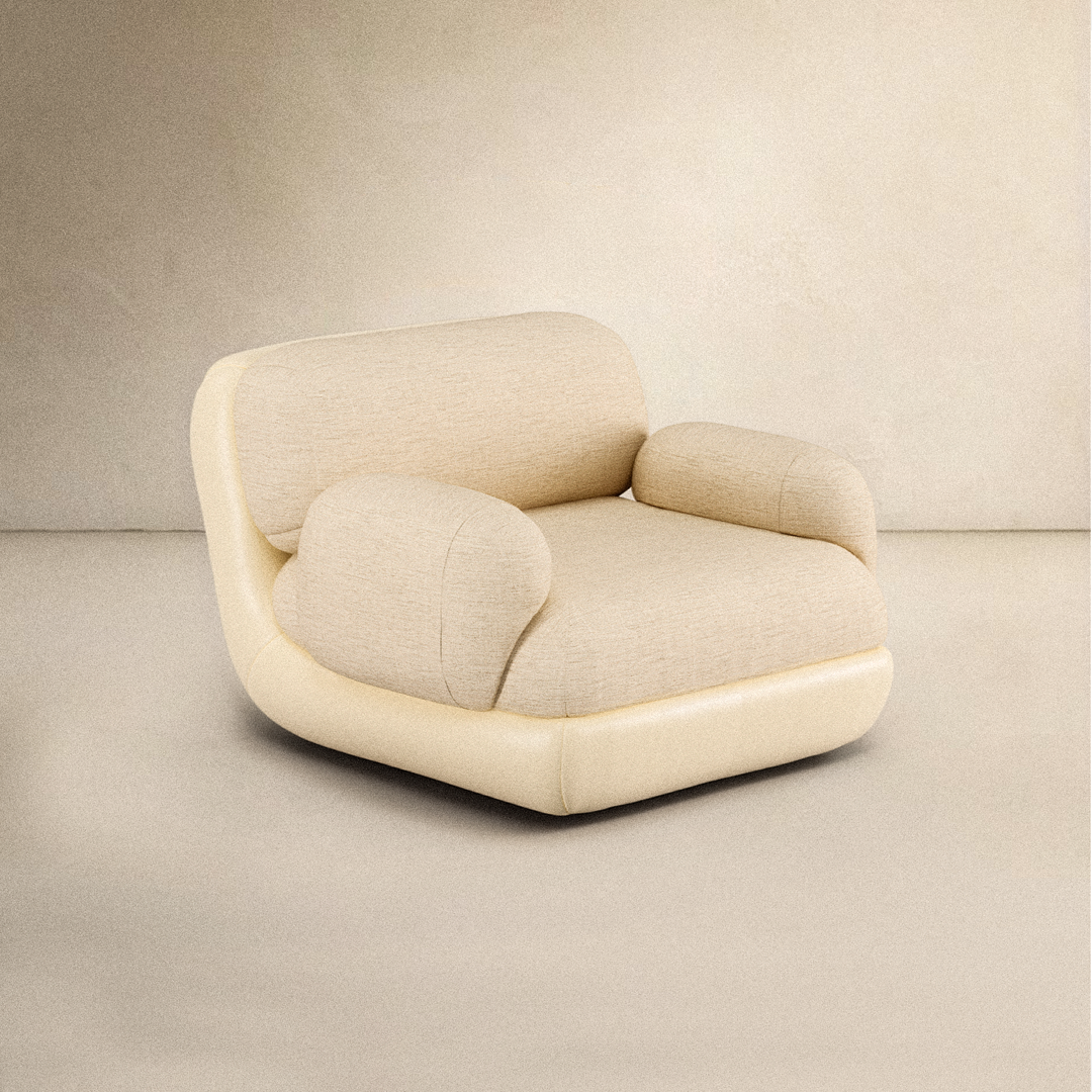 Mood Armchair with Arms in cream fabric against a warm beige backdrop