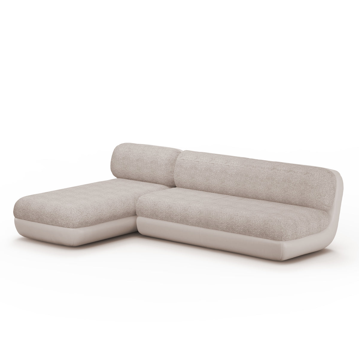 Mood Sectional Sofa with Chaise in light grey fabric, three-quarter view on white