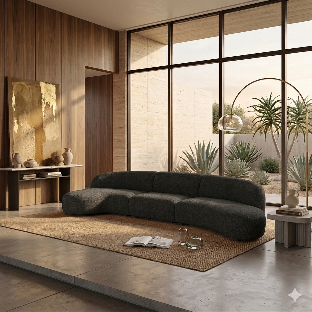 Moritz Sectional 3-Piece in Licorice Boucle in a desert-modern lounge with floor-to-ceiling windows