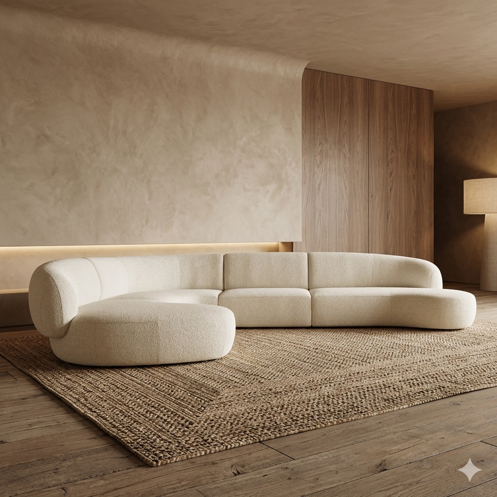 Moritz Sectional 4-Piece in Alabaster Boucle in a warm living room with lime-wash walls and a jute rug
