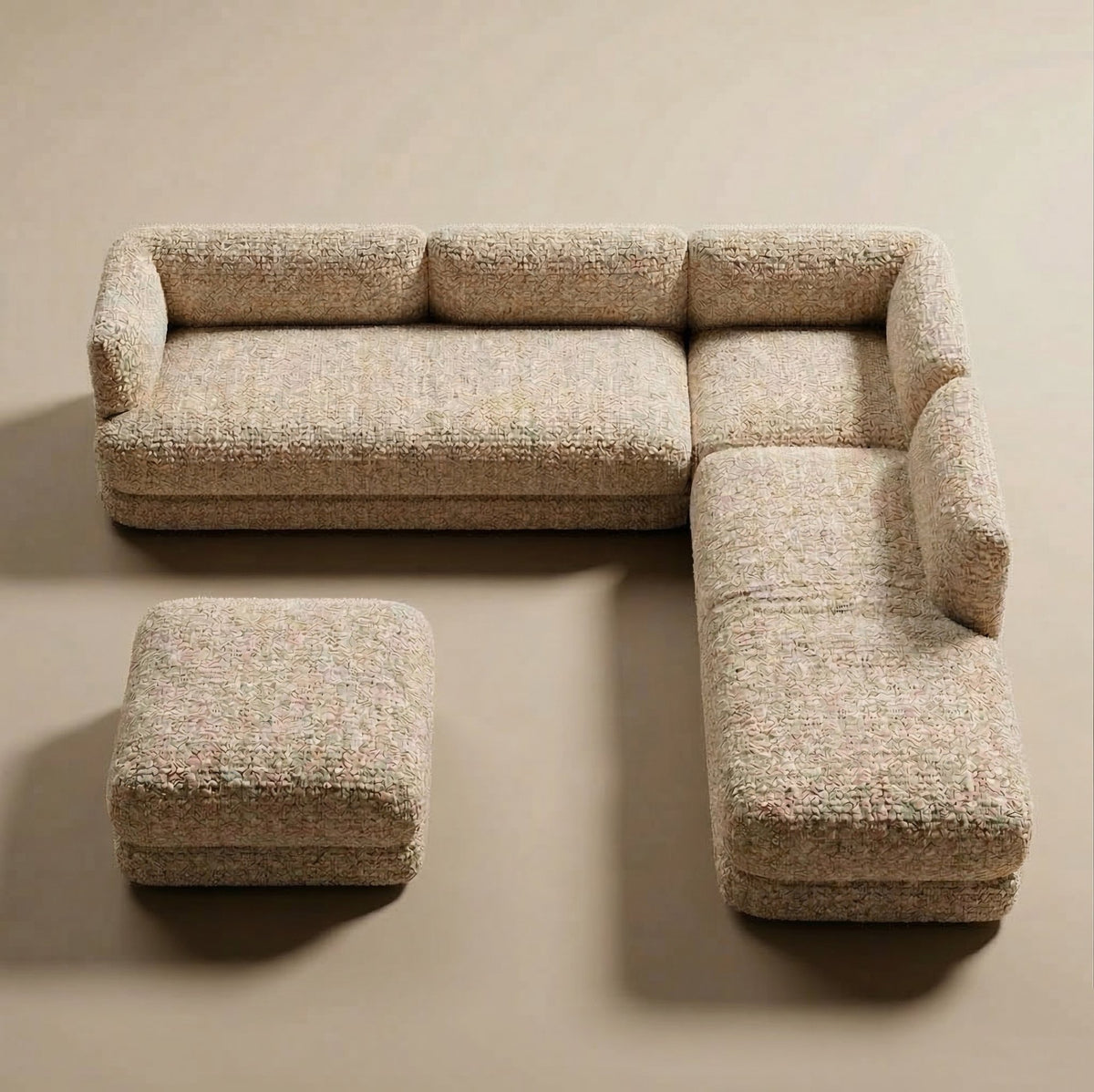 Mosaico Sectional Sofa – Composition 3 in speckled bouclé, L-shape with ottoman, front view from above