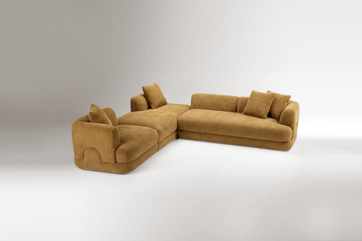Mosaico Sectional Sofa – Composition 1 in ochre velvet, L-shaped with scatter cushions