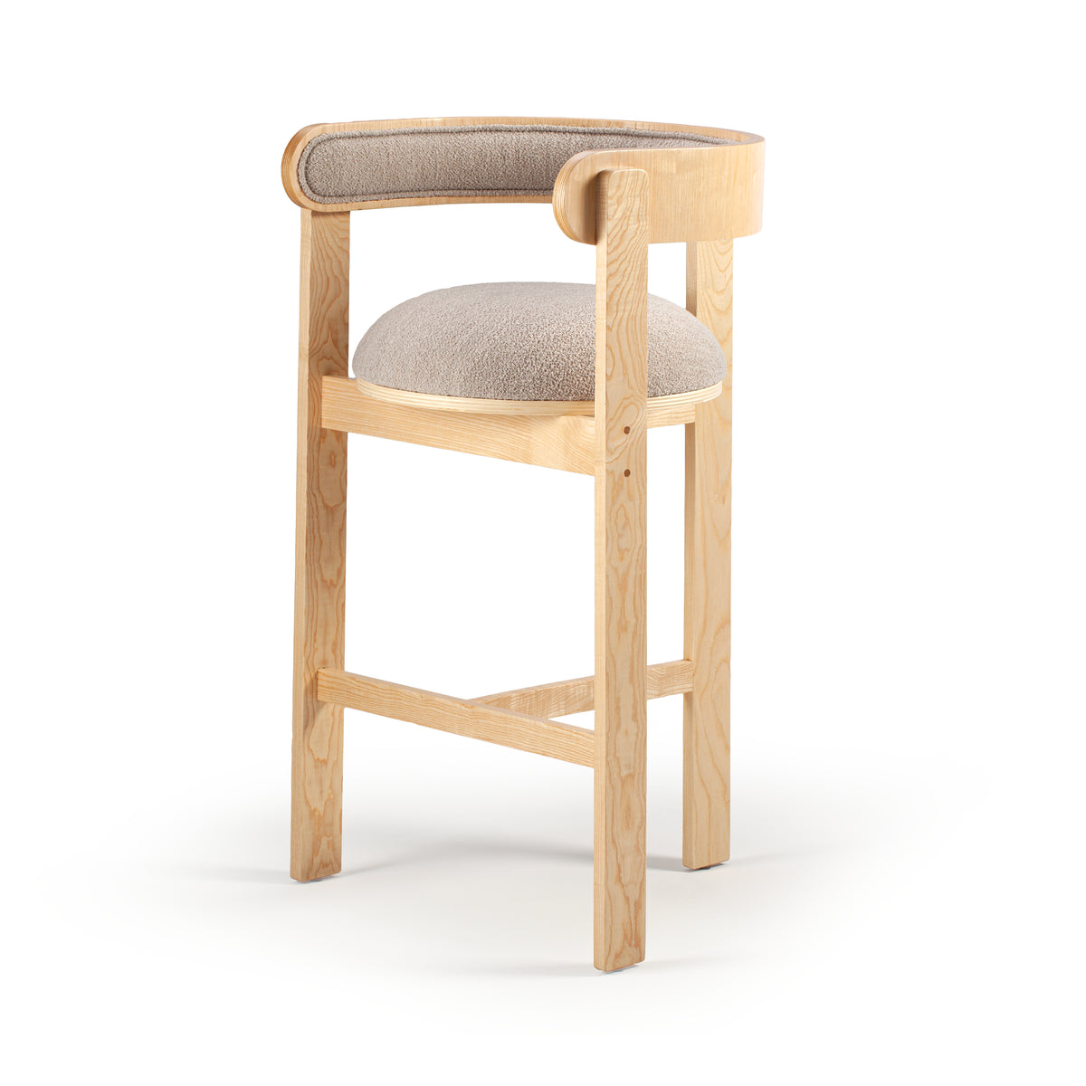 Moulin Bar Stool in natural beech with taupe bouclé seat, three-quarter view