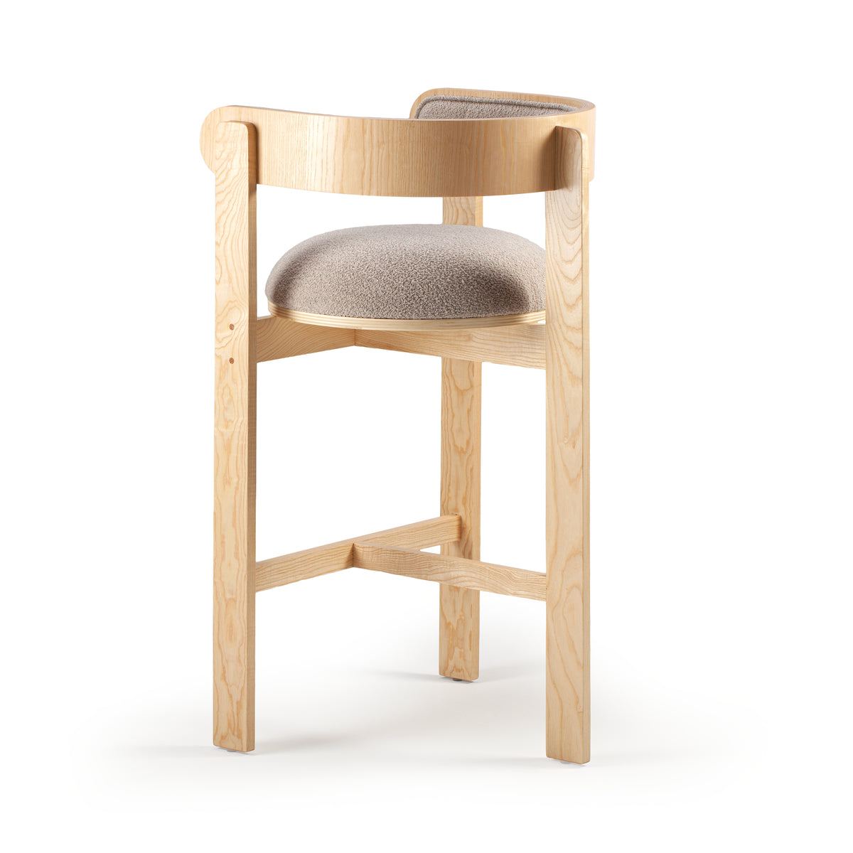 Moulin Bar Stool in natural beech with taupe bouclé, three-quarter back view