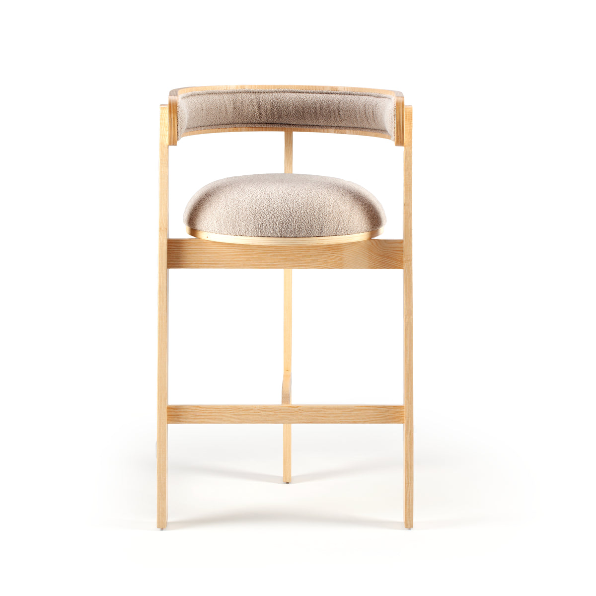 Moulin Bar Stool in natural beech with taupe bouclé and brass trim, front view
