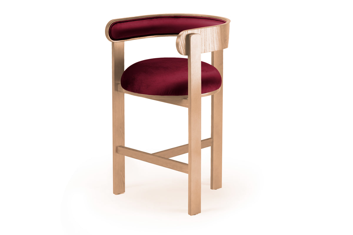 Moulin Bar Stool in burgundy velvet, three-quarter front view from the left