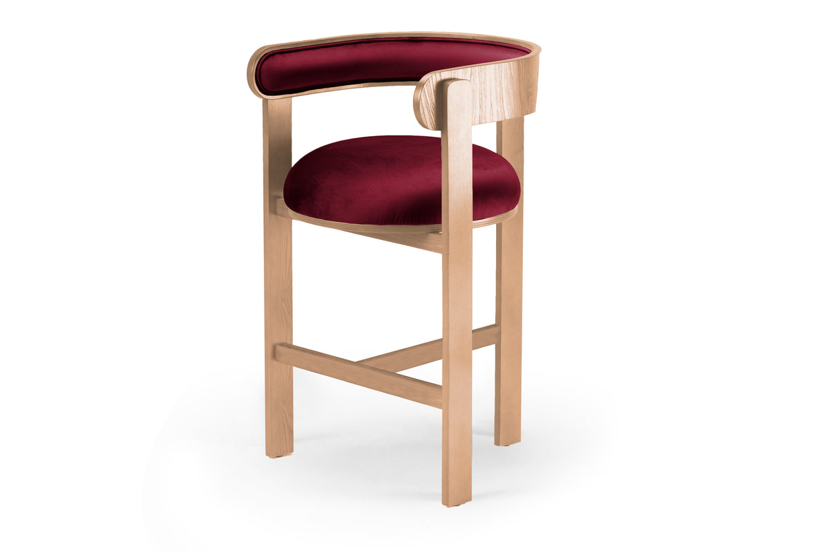 Moulin Counter Stool in burgundy velvet, angled front view