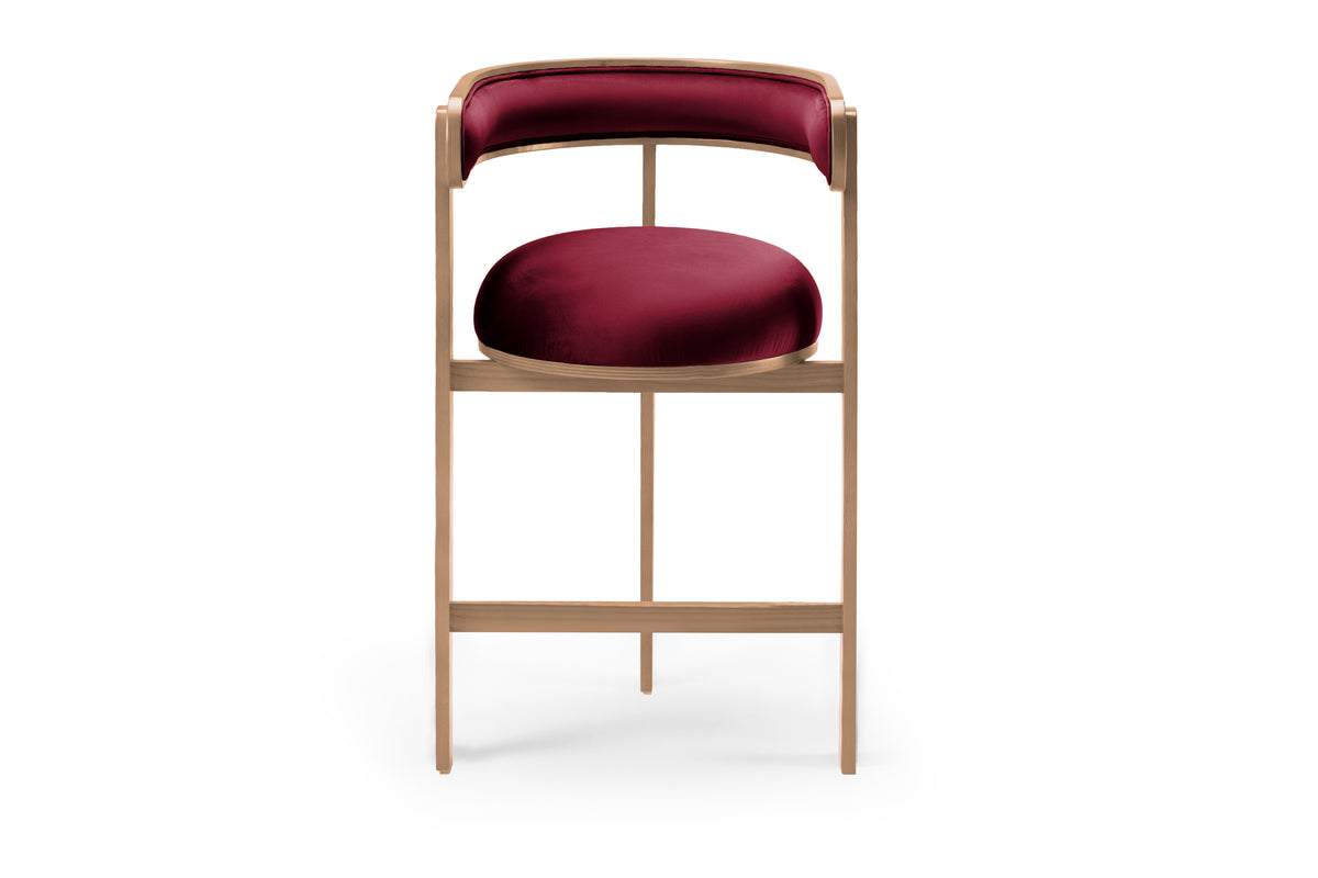 Moulin Bar Stool in burgundy velvet with light wood frame, front view
