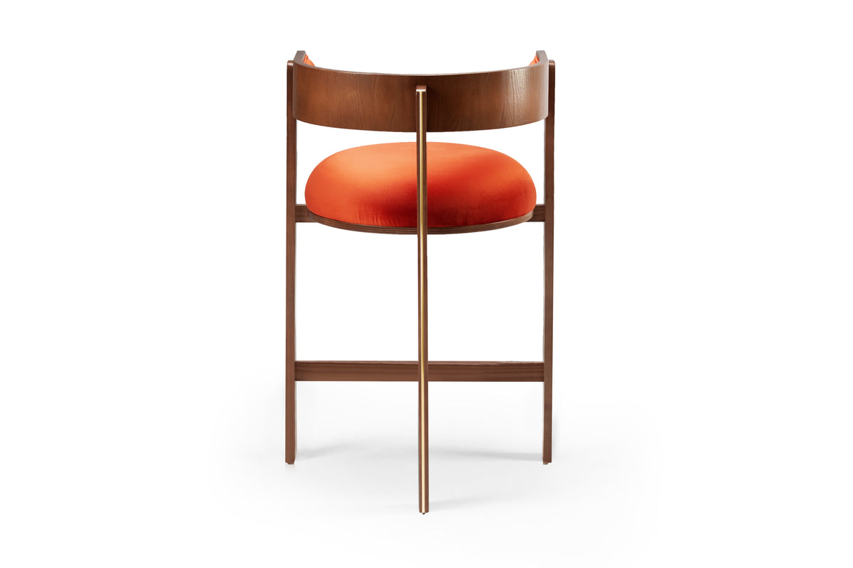 Moulin Counter Stool in orange velvet, back view showing curved backrest
