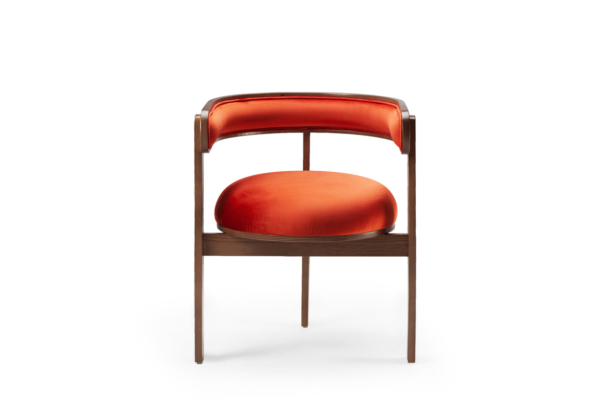 Moulin Dining Chair in walnut-tone wood with orange velvet back and seat, front view