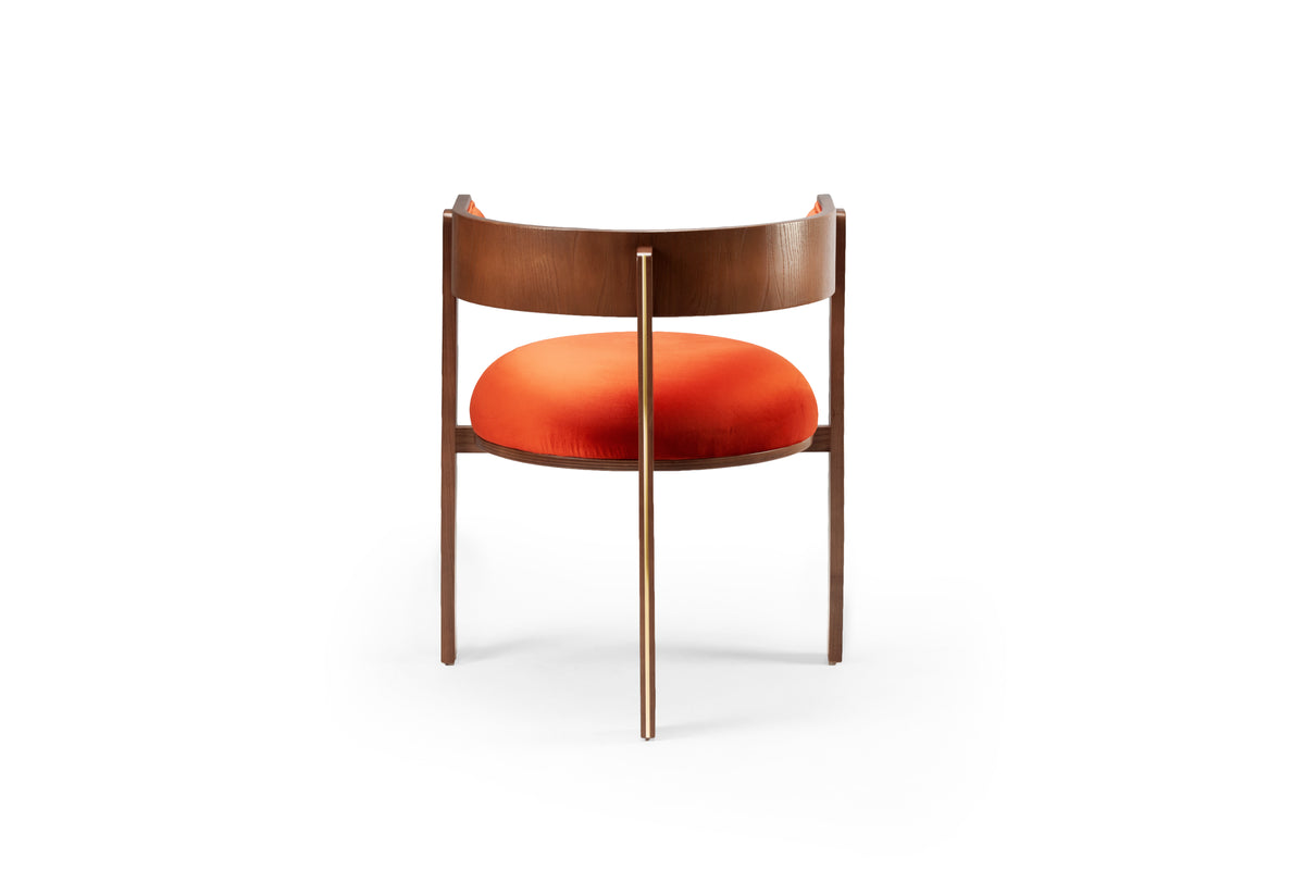 Moulin Dining Chair in walnut-tone wood with orange velvet seat, back view