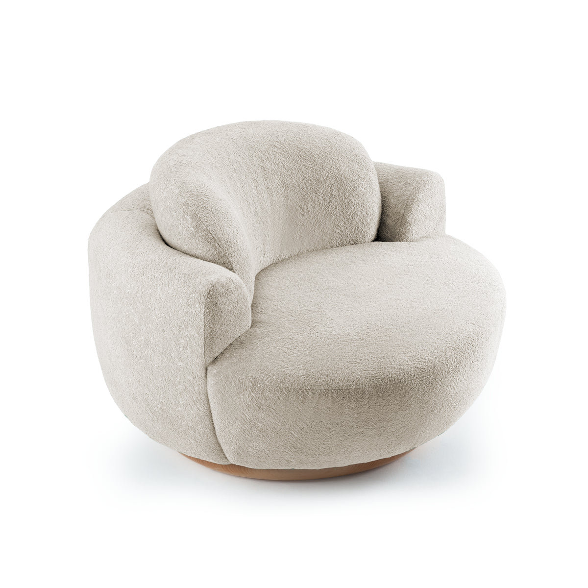 Naked Armchair in ivory Bouclé on a wood swivel base, three-quarter view