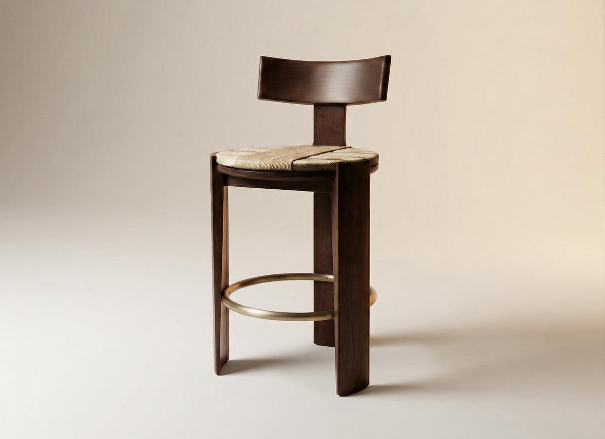 Nest Bar Stool walnut-colour ash and brass footring by Maison Burgos