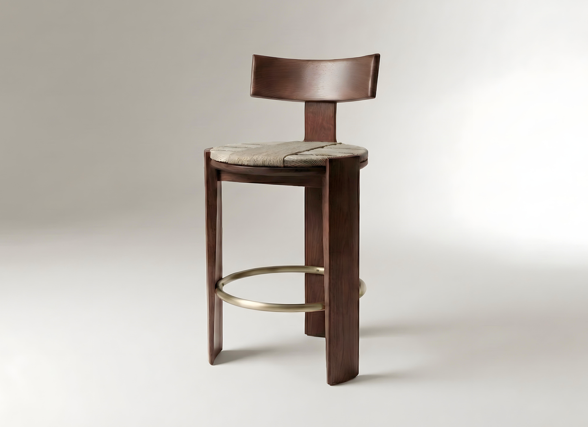 Nest Bar Stool in walnut-colour ash with polished brass ring by Maison Burgos