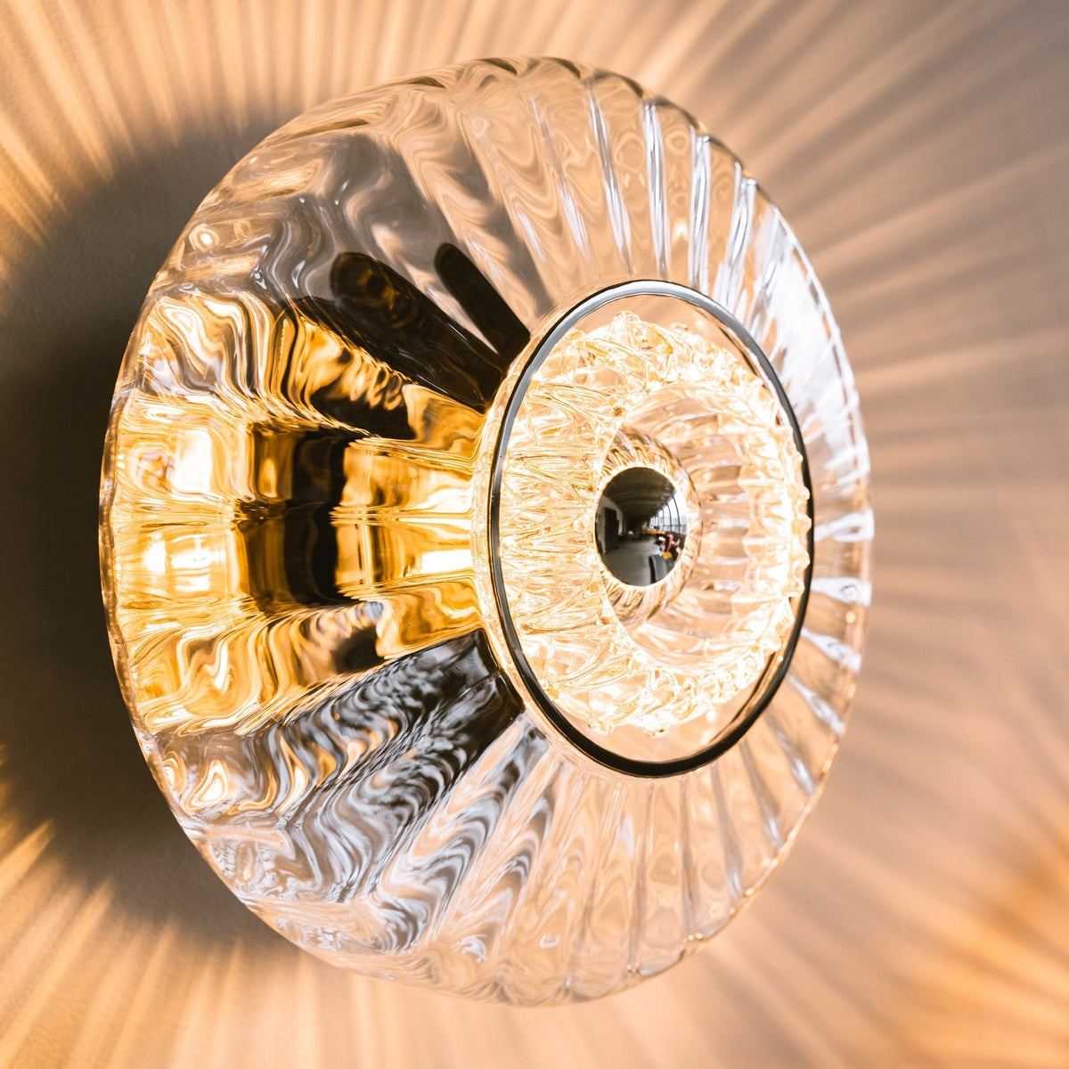 New Wave Optic Wall Light Sconce - Clear close-up side view of the ribbed clear glass
