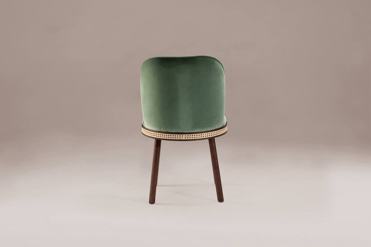 Alma Dining Chair in green velvet with walnut legs, back view