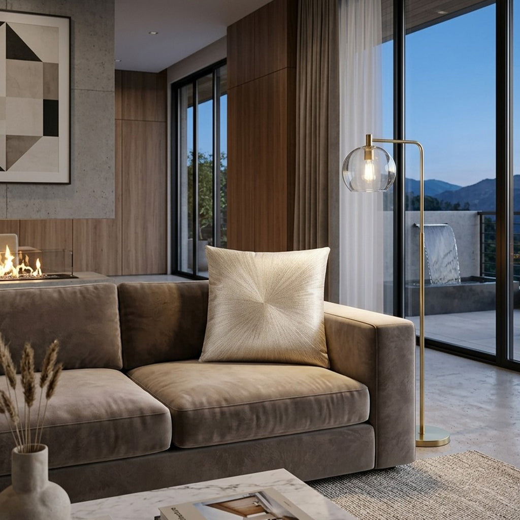 Nim Pillow - Charcoal Gold Linen, styled in a living room by Maison Burgos