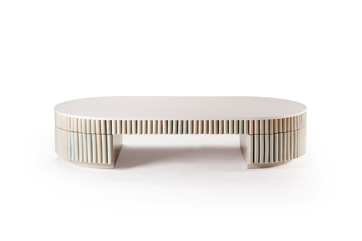 Nouvelle Vague Center Table oval lacquer top on cream fluted tile base