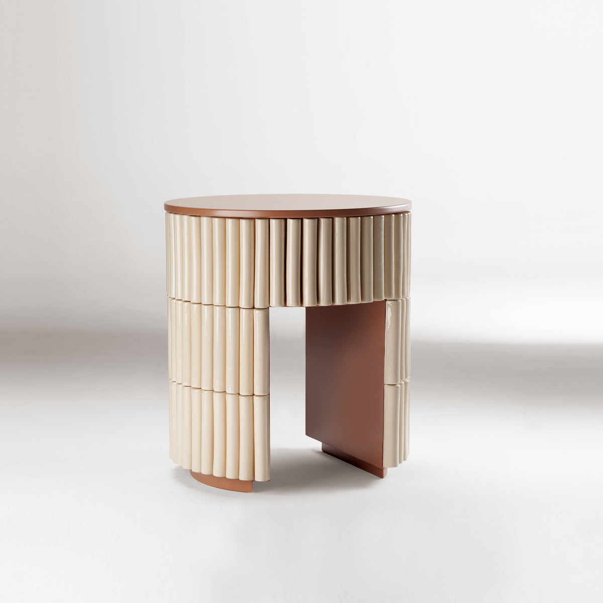 Nouvelle Vague Side Table in cream fluted tiles with copper top and side panel