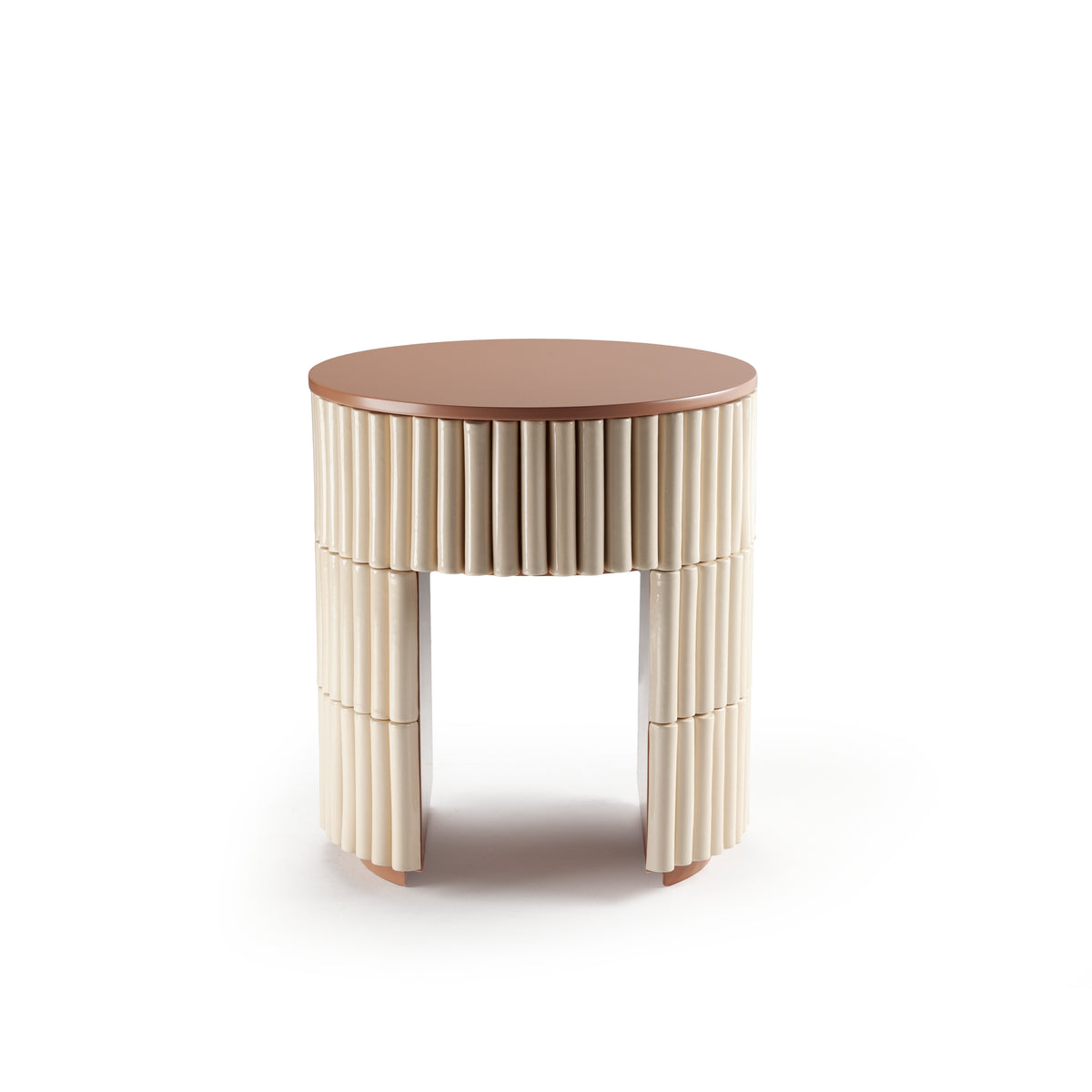 Nouvelle Vague Side Table in ivory fluted tiles with copper lacquer top