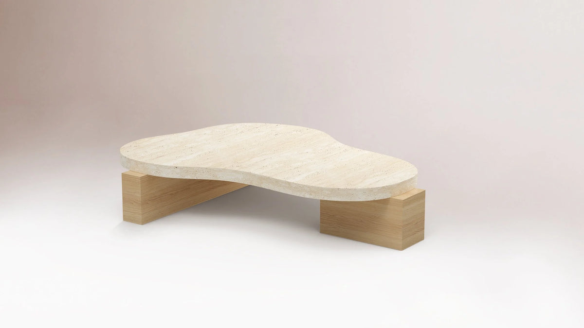 On The Rocks Coffee Table with travertine top and natural oak base, side view