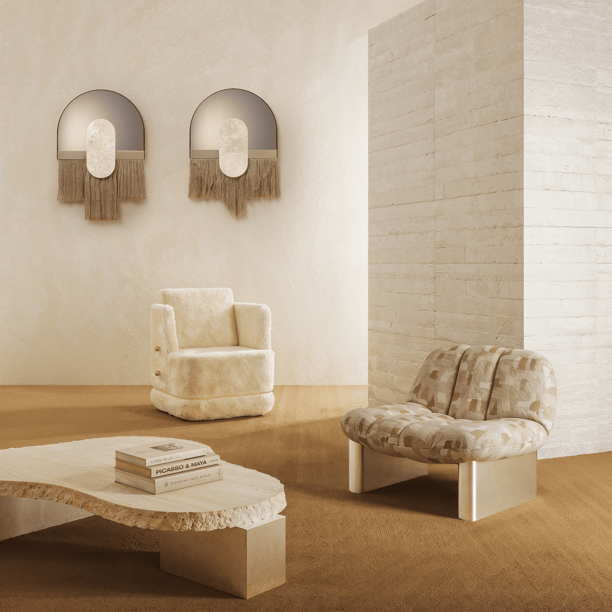On The Rocks Coffee Table with satin nickel base in a living room with bouclé chairs
