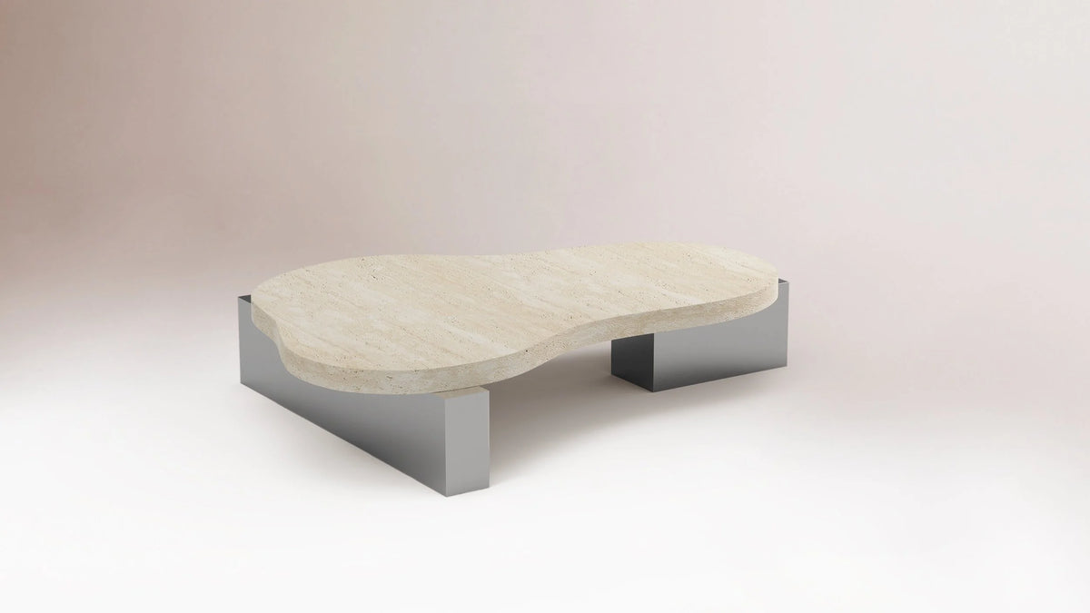 On The Rocks Coffee Table with travertine top and satin nickel base, three-quarter view