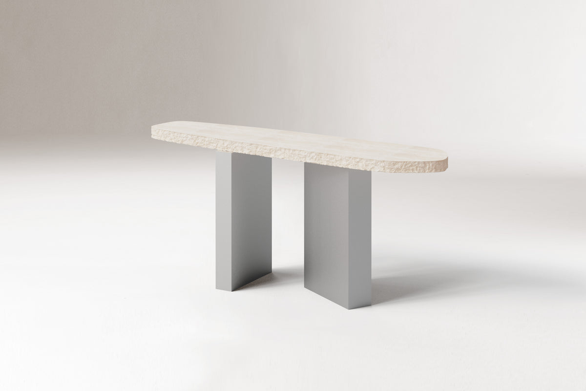 On The Rocks Console Table in travertine and satin nickel by Maison Burgos
