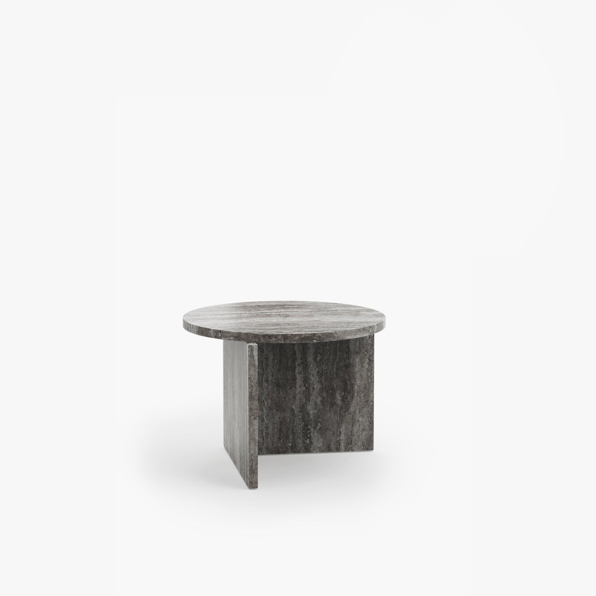 Origin Side Table in grey veined marble, three-quarter view