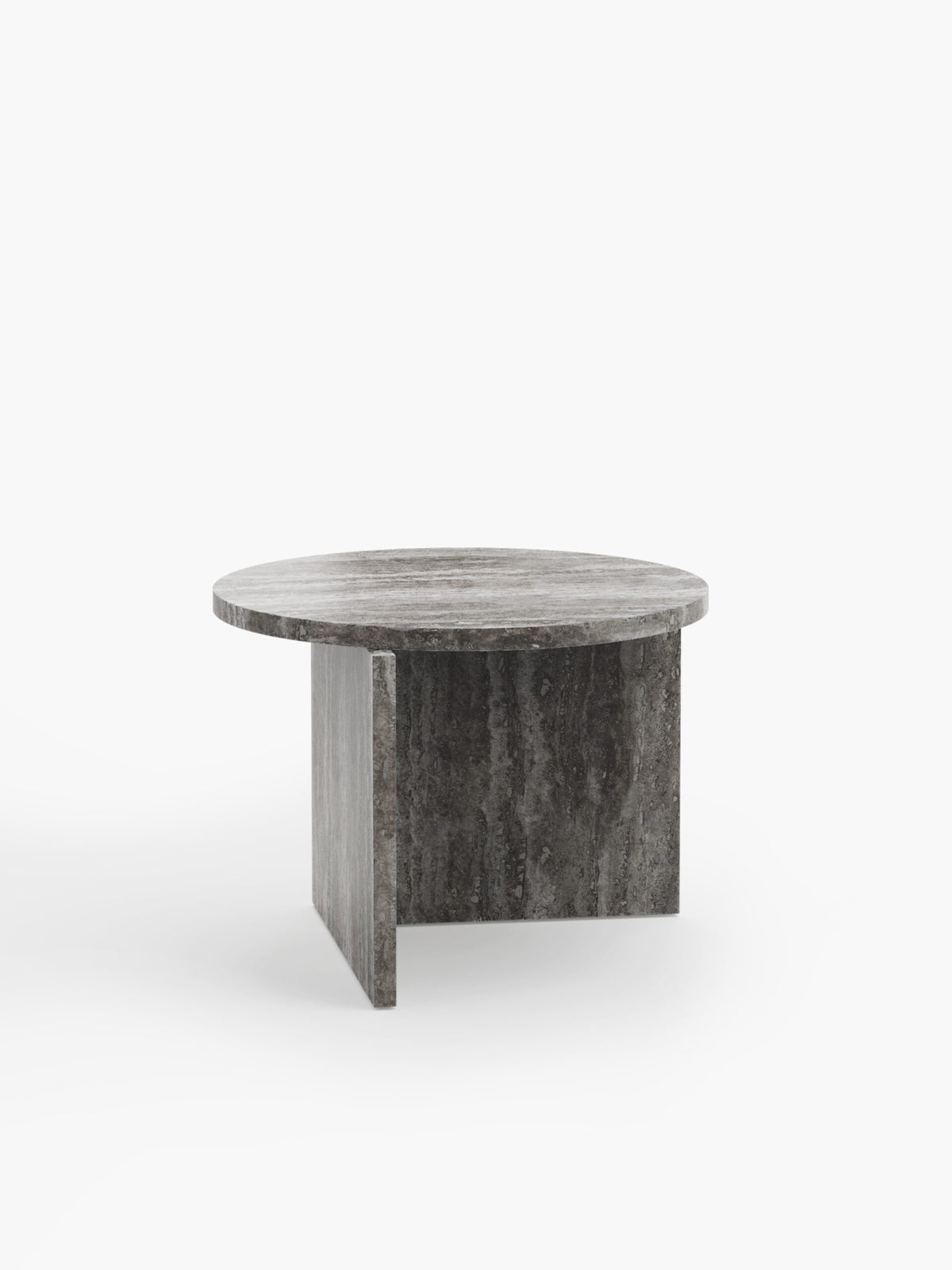 Origin Side Table in grey veined marble, side view showing slab legs