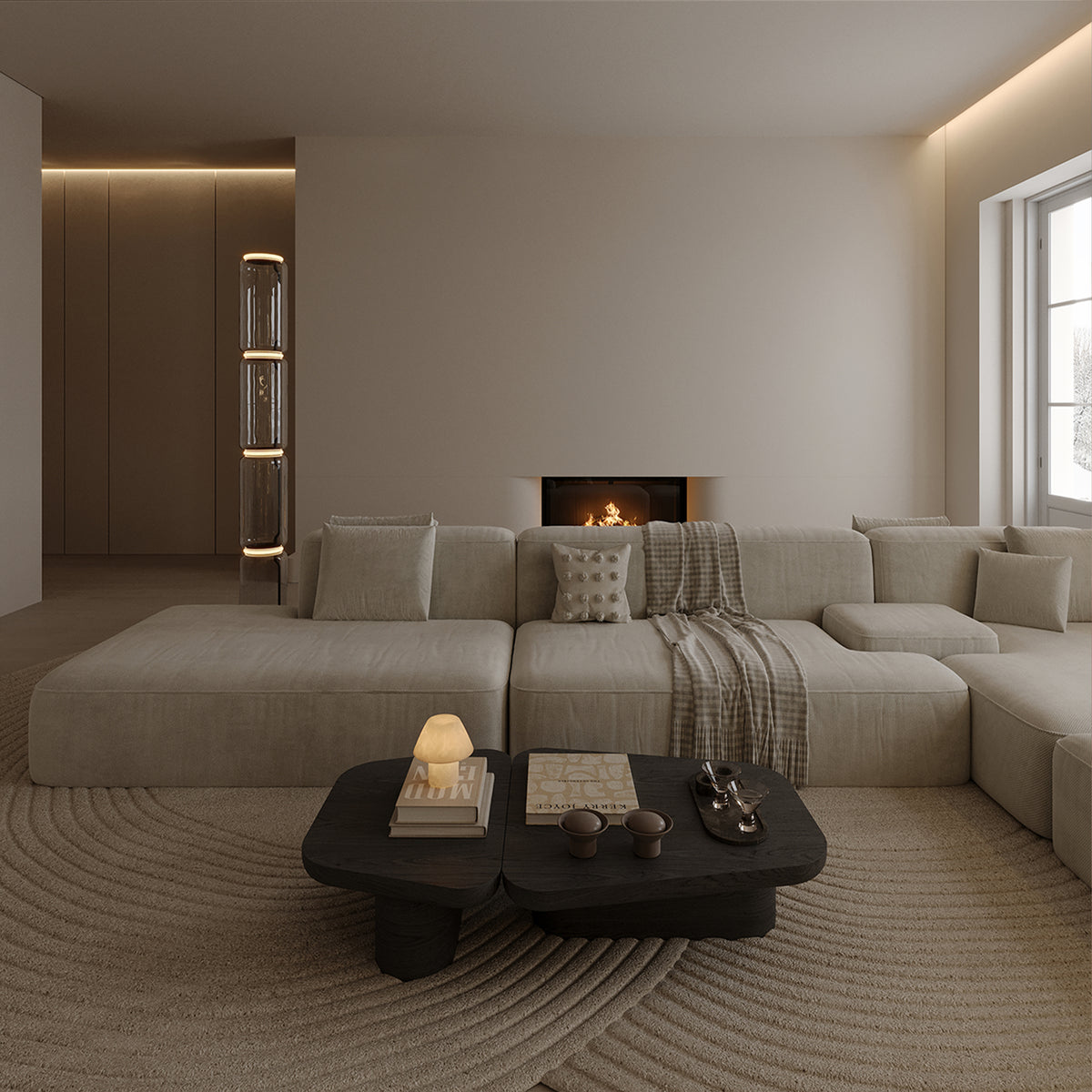 Pangea Coffee Table in a living room with fireplace, wide view