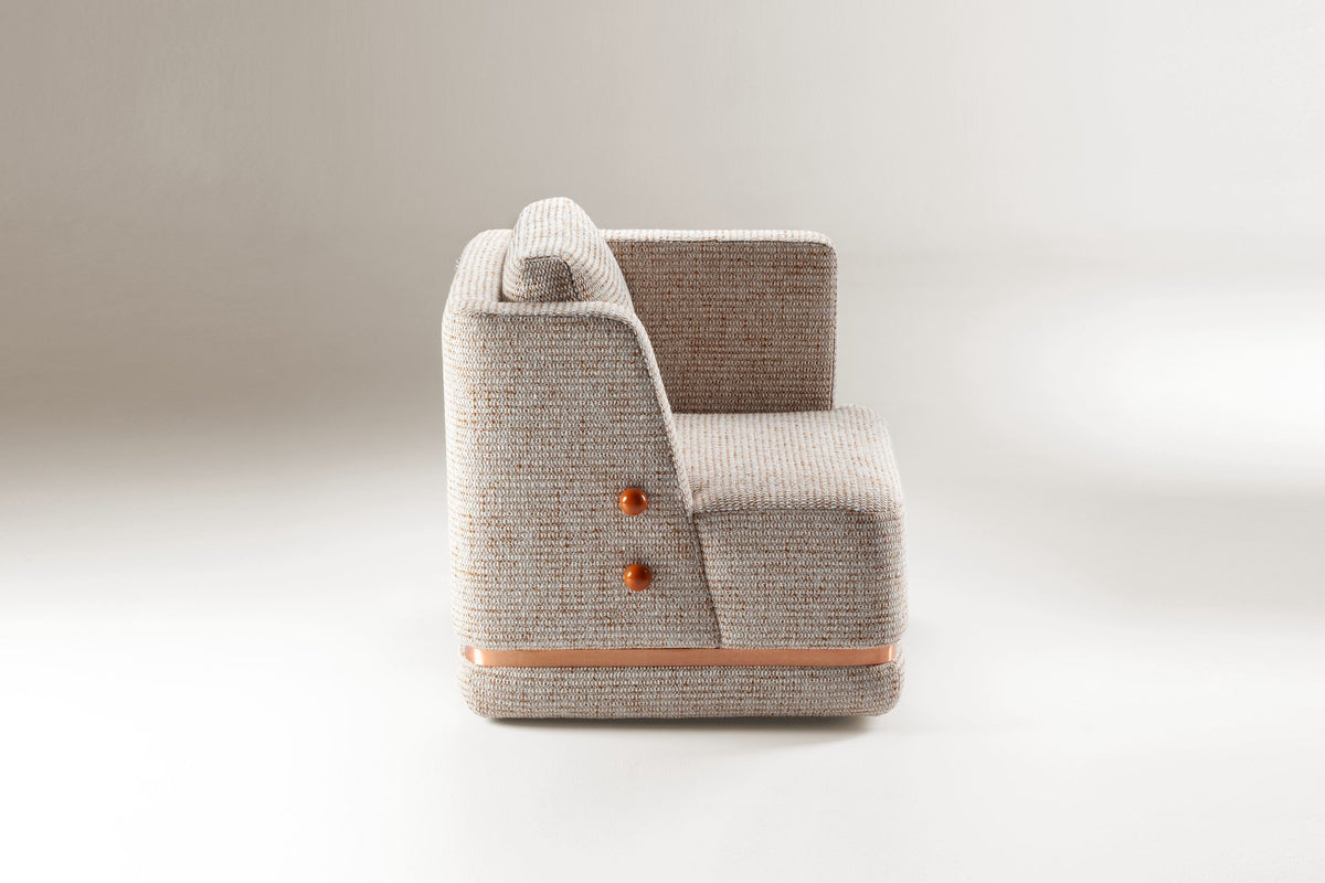 Panorama Armchair in oatmeal bouclé, side view with copper band