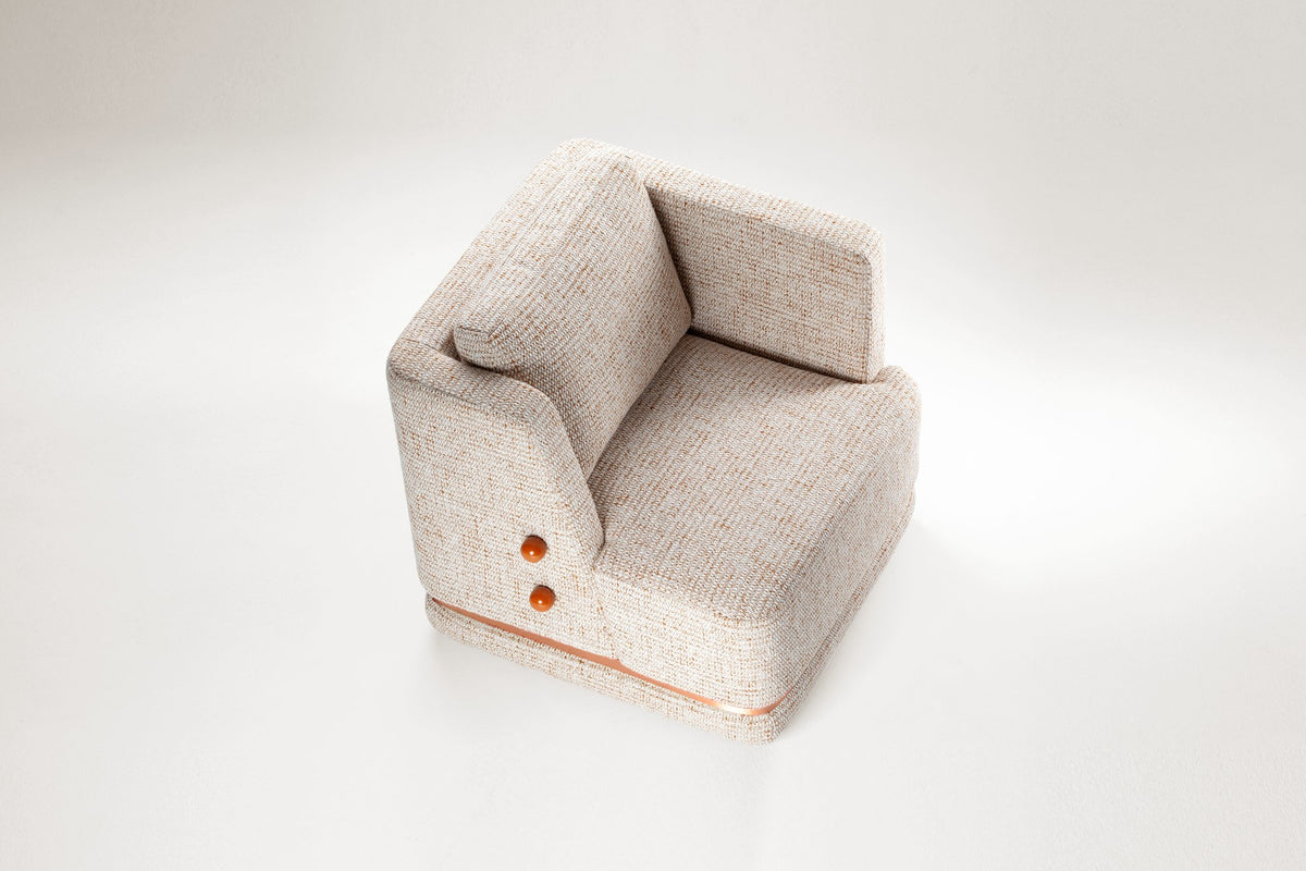 Panorama Armchair in oatmeal bouclé, top-down angled view