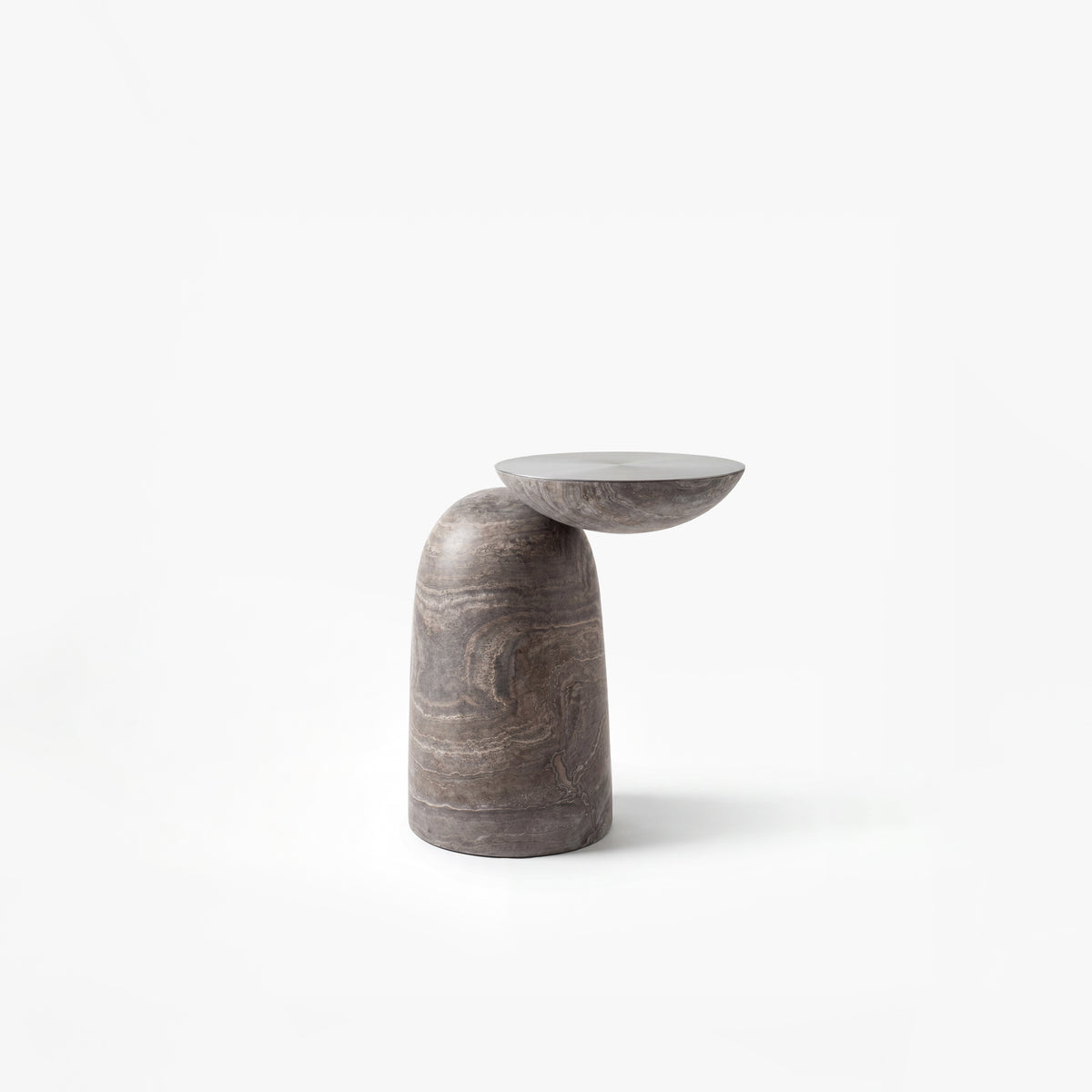 Pingu X Side Table in grey marble with tilted metal top, three-quarter view