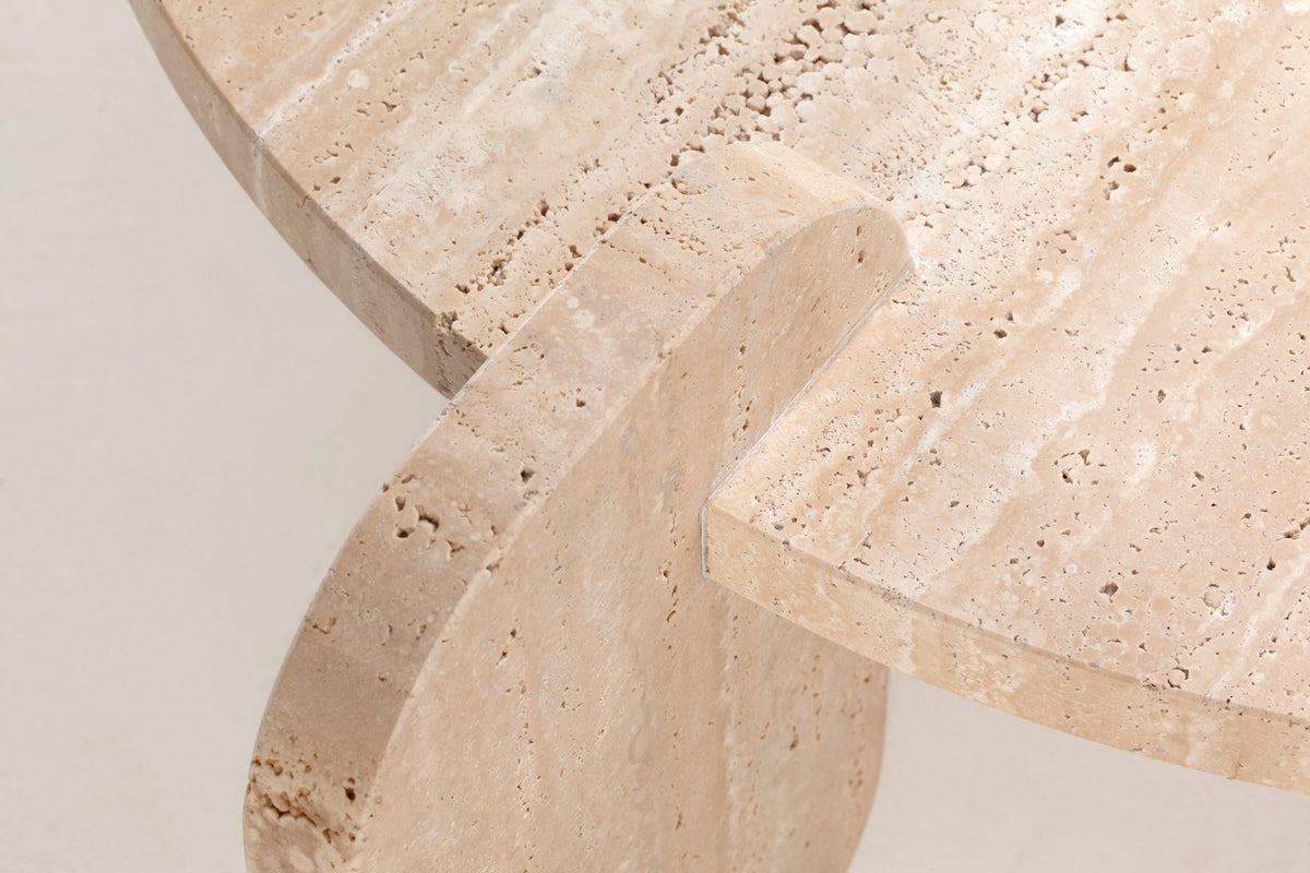 Playing Games Travertine Coffee Table close-up of the interlocking travertine slab edges