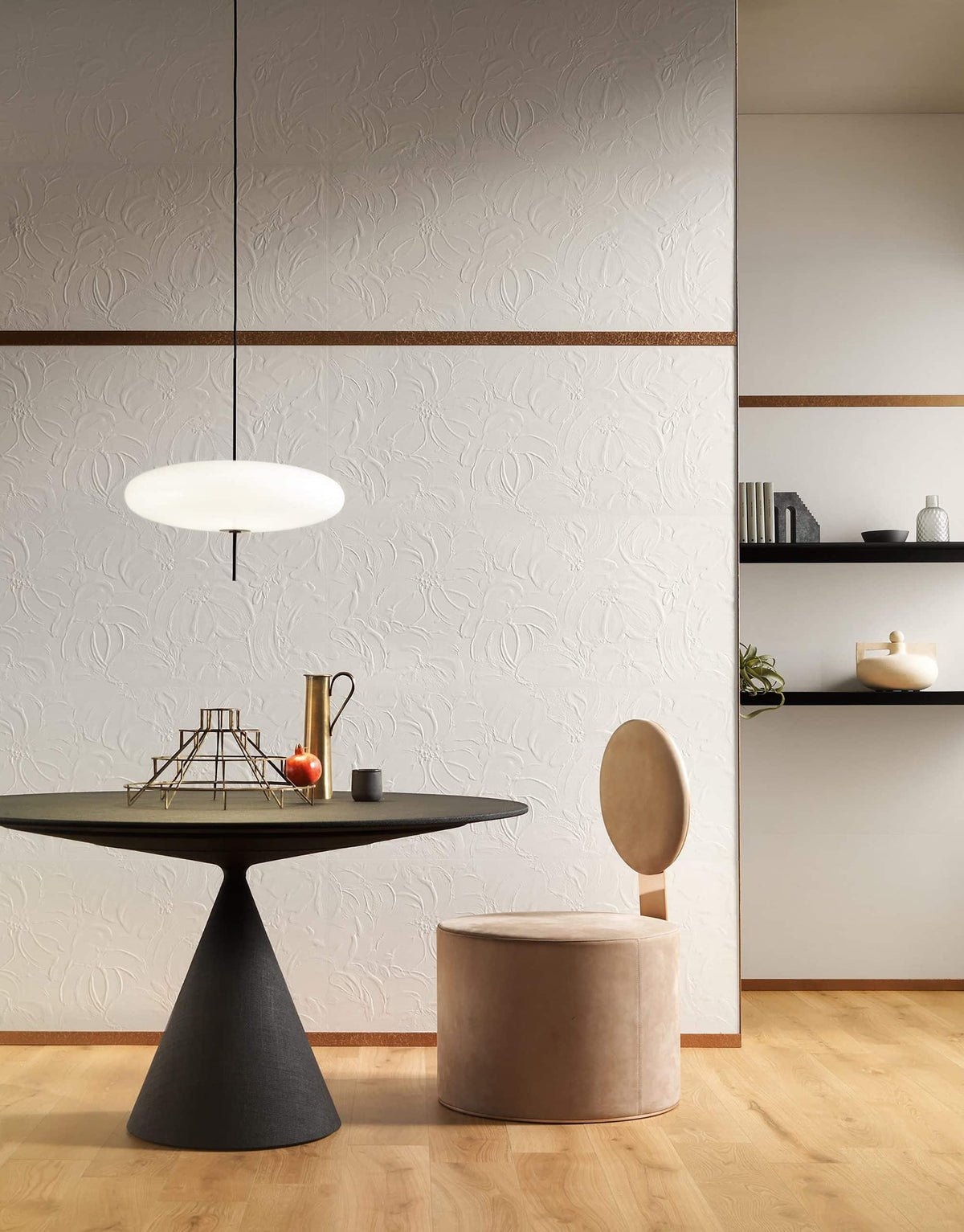 Pop Lounge Chair in taupe velvet in a dining nook with pendant light