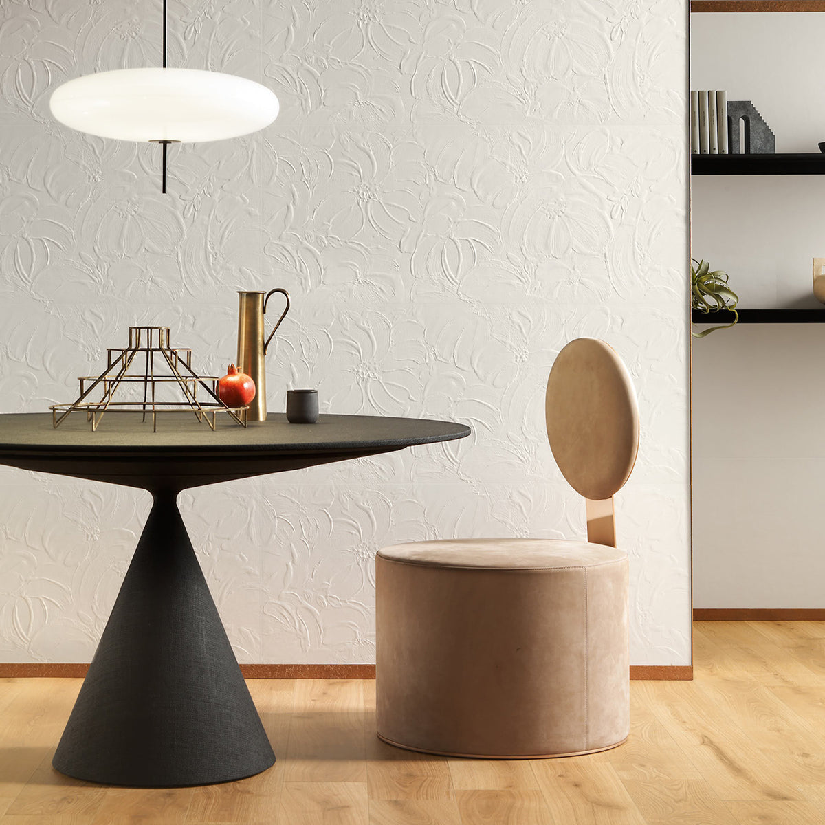 Pop Lounge Chair in taupe velvet with cone table and pendant, wide view