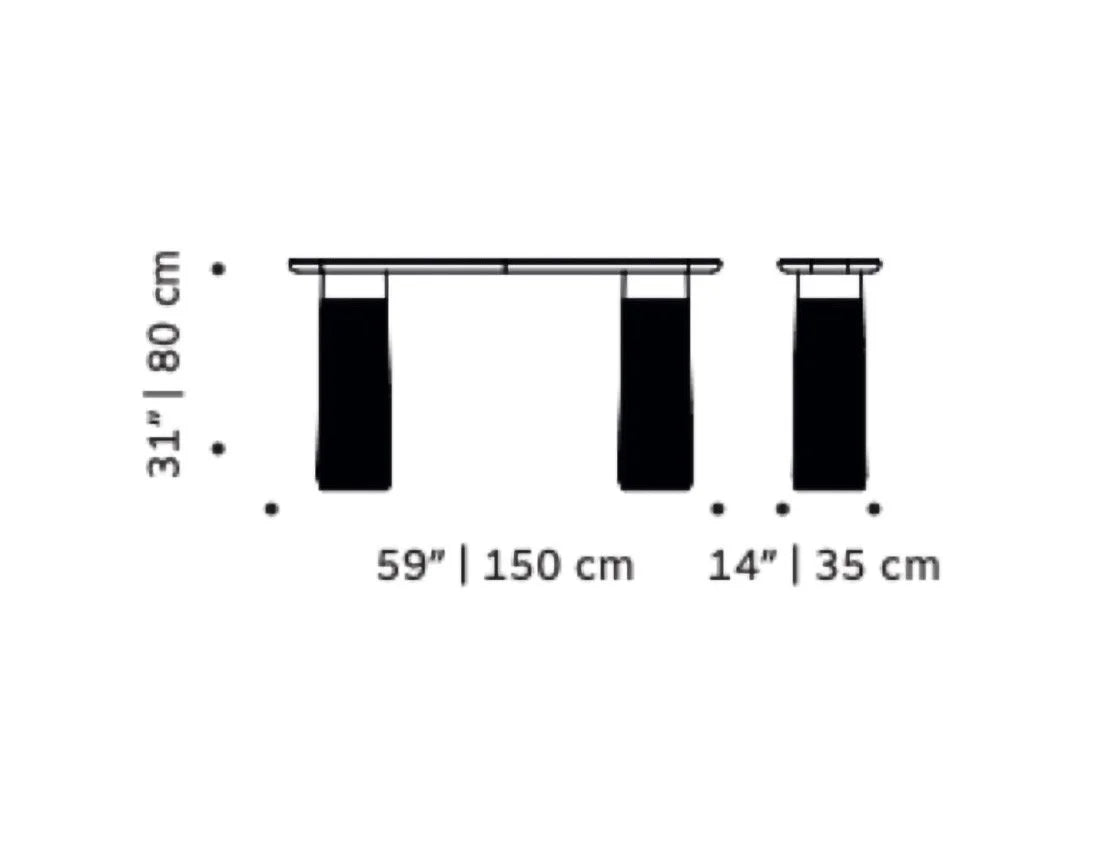 Poppy Console Table dimension drawing: 59" | 150 cm wide, 14" | 35 cm deep, 31" | 80 cm high
