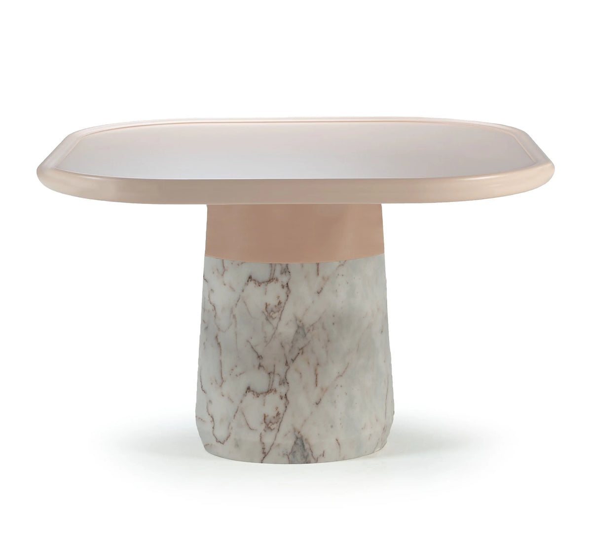 Poppy Side Table with Nude Lacquered top, copper ring and white marble base