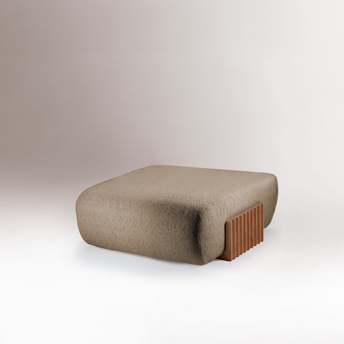 Carmel Ottoman in taupe boucle with fluted Natural Oak base on grey