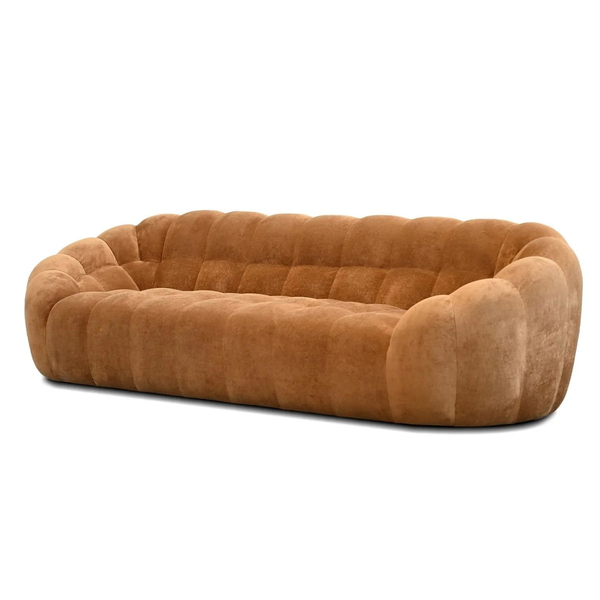 Puffin Sofa in toffee chenille, curved channel-tufted front view